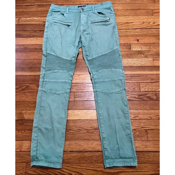 Embellish Jeans Slim Fit Moto Biker Pants Mens Size 34x34 Green Stretch Denim - Picture 1 of 5